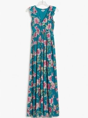 eesome Teal Floral Sleeveless Wrap Maxi Dress